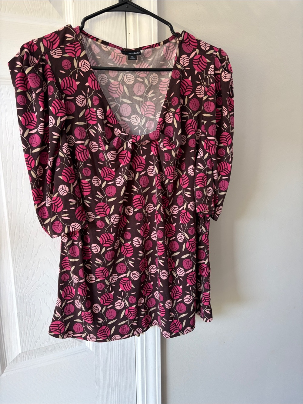 East 5th Brown Blouse with Pink Leaf Print
